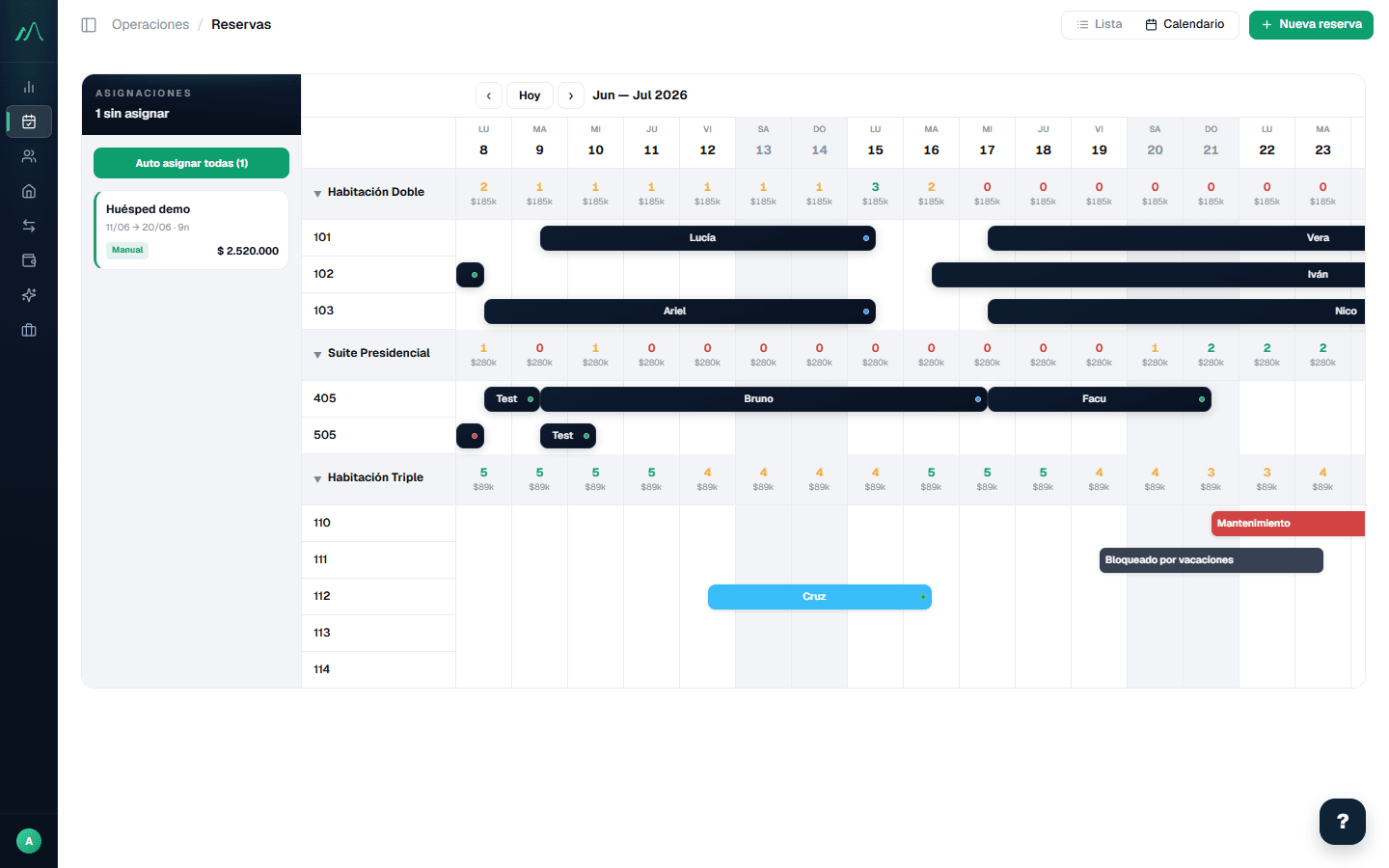 Captura de la plataforma Andevo: Calendario de reservas