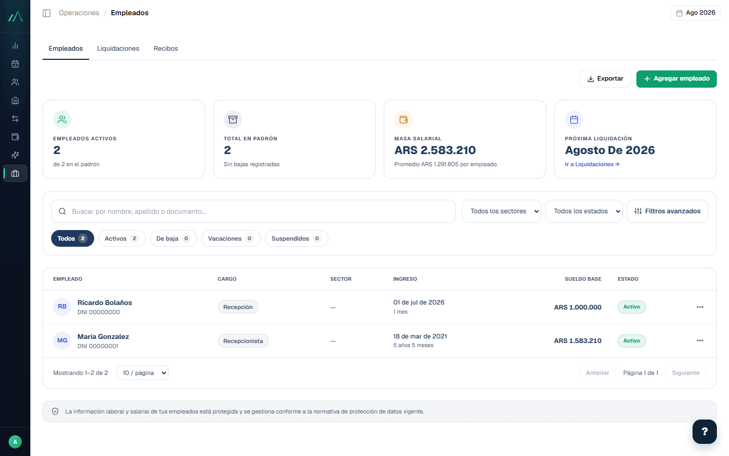 Captura de la plataforma Andevo: Gestión de empleados